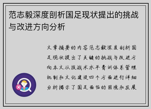 范志毅深度剖析国足现状提出的挑战与改进方向分析